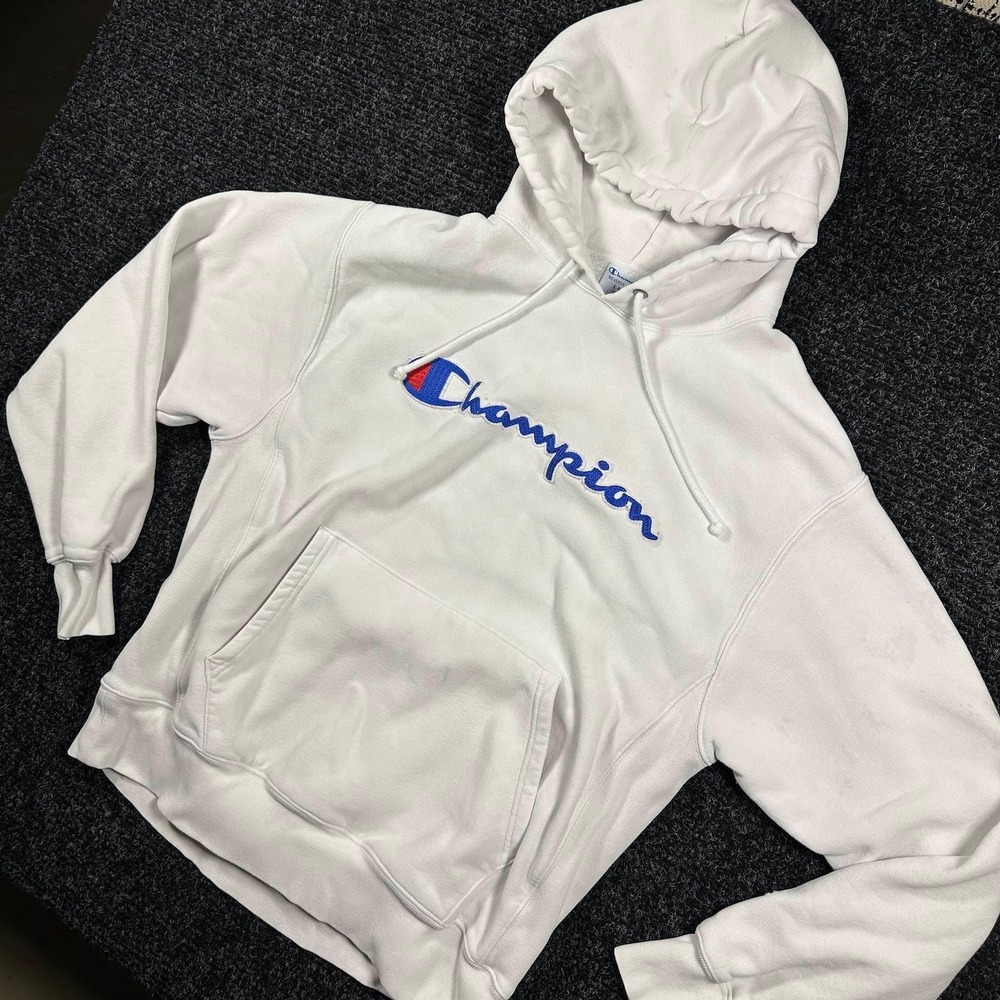 Champion Hoodie Mens Large White Reverse Weave Script Logo Pullover